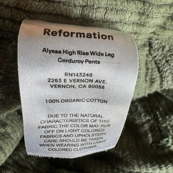 Reformation Alyssa high rise wide leg corduroy pants moss color. size 28 - Picture 12 of 13